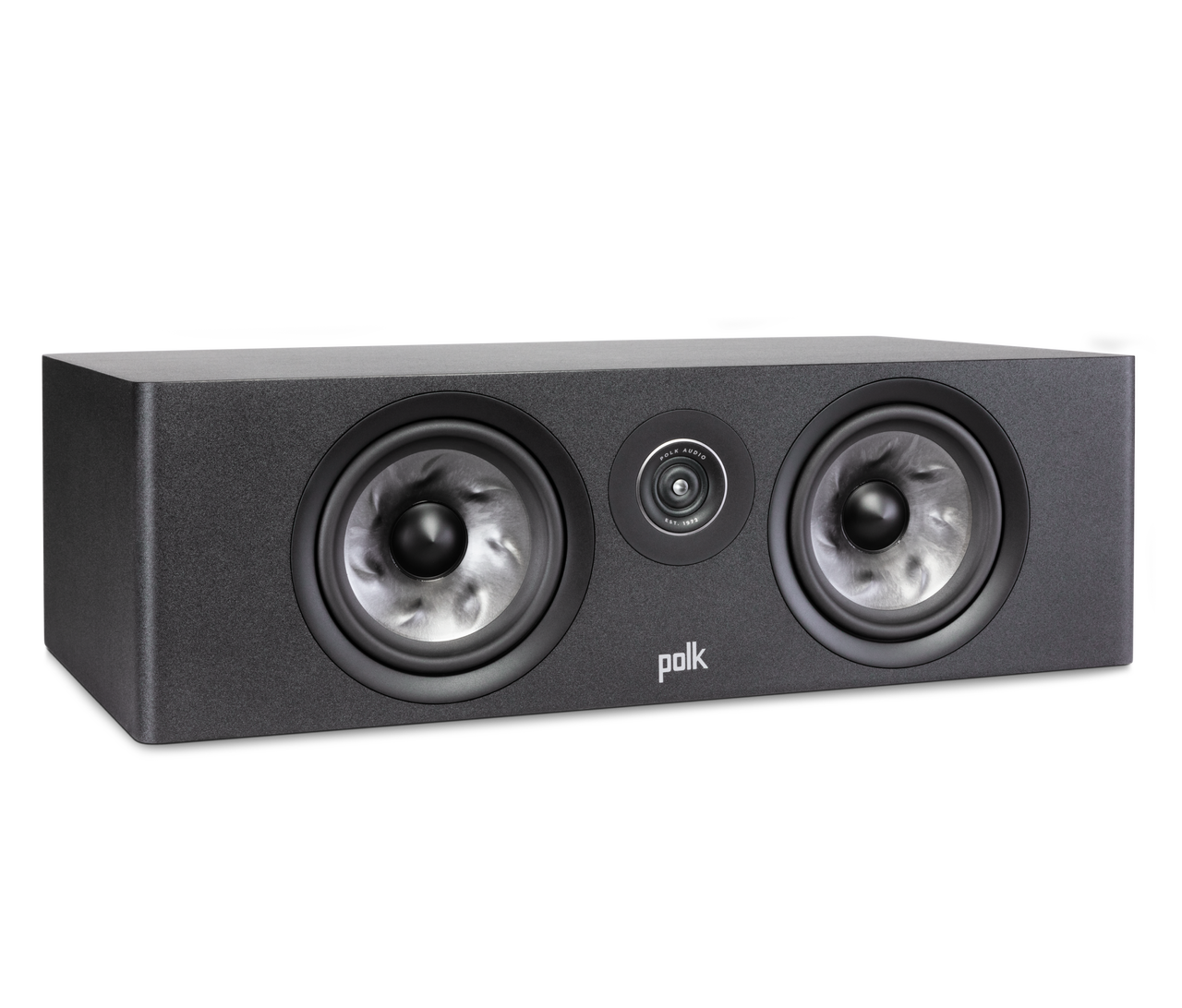 Boxa centru Polk Audio Reserve R400, neagră, vedere din dreapta, fără grilaj, cu două difuzoare vizibile.#color_black