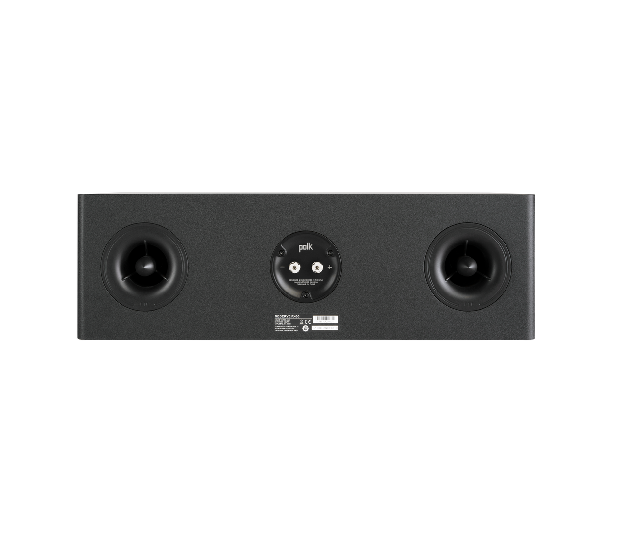 Spatele boxei Polk Audio Reserve R400, culoare neagră, arată conectorii și porturile acustice duale.