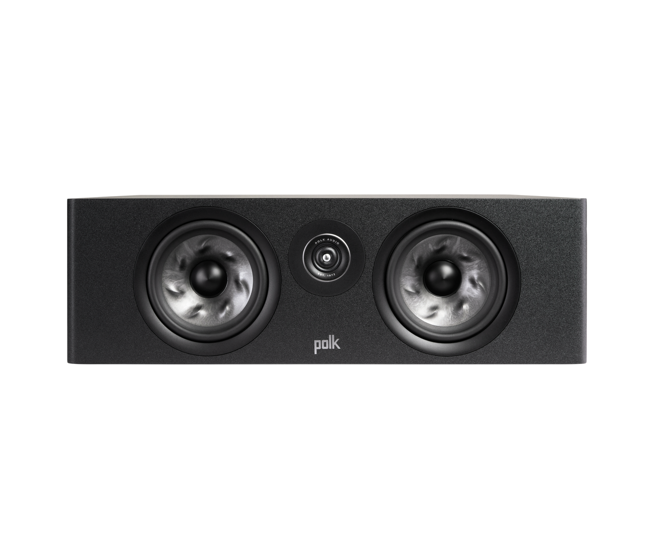 Boxa centru Polk Audio Reserve R400, negru, vedere frontală fără grilaj, cu două difuzoare și tweeter.