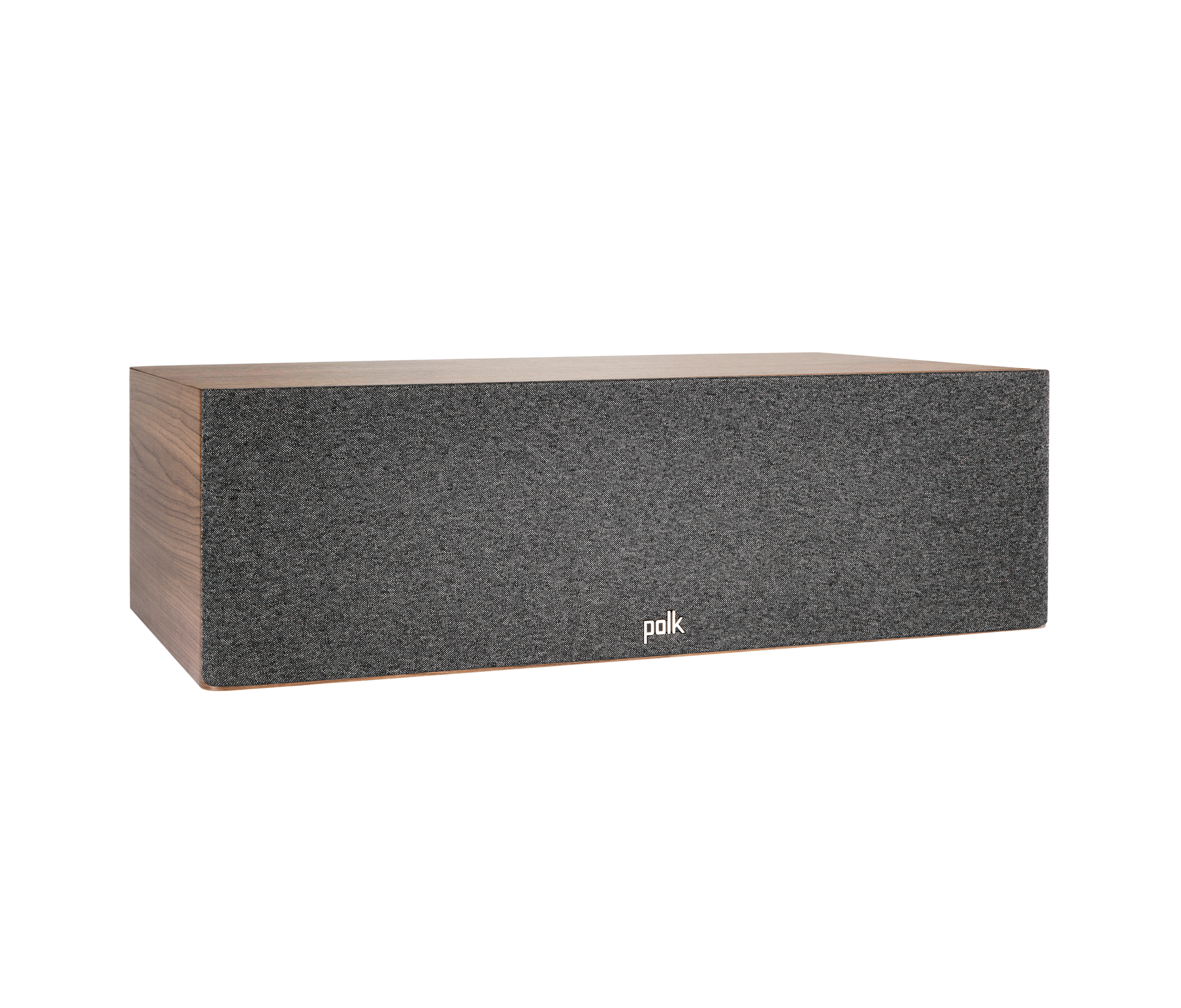 Boxa centru Polk Audio Reserve R400, culoare maro, vedere din unghi dreapta cu grilaj frontal vizibil.