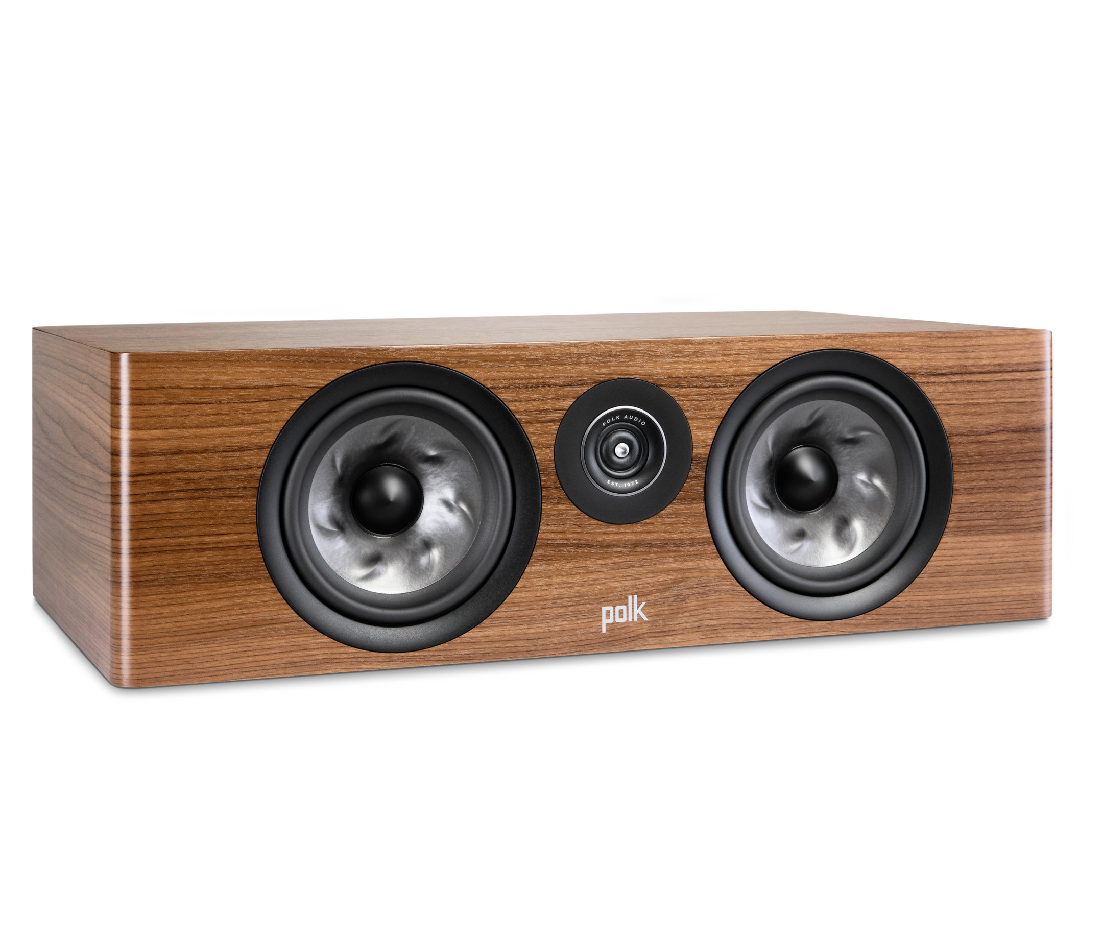Polk Audio Reserve R400 Boxe Centru, maro, unghi dreapta, fără grilaj, difuzoare vizibile frontal.