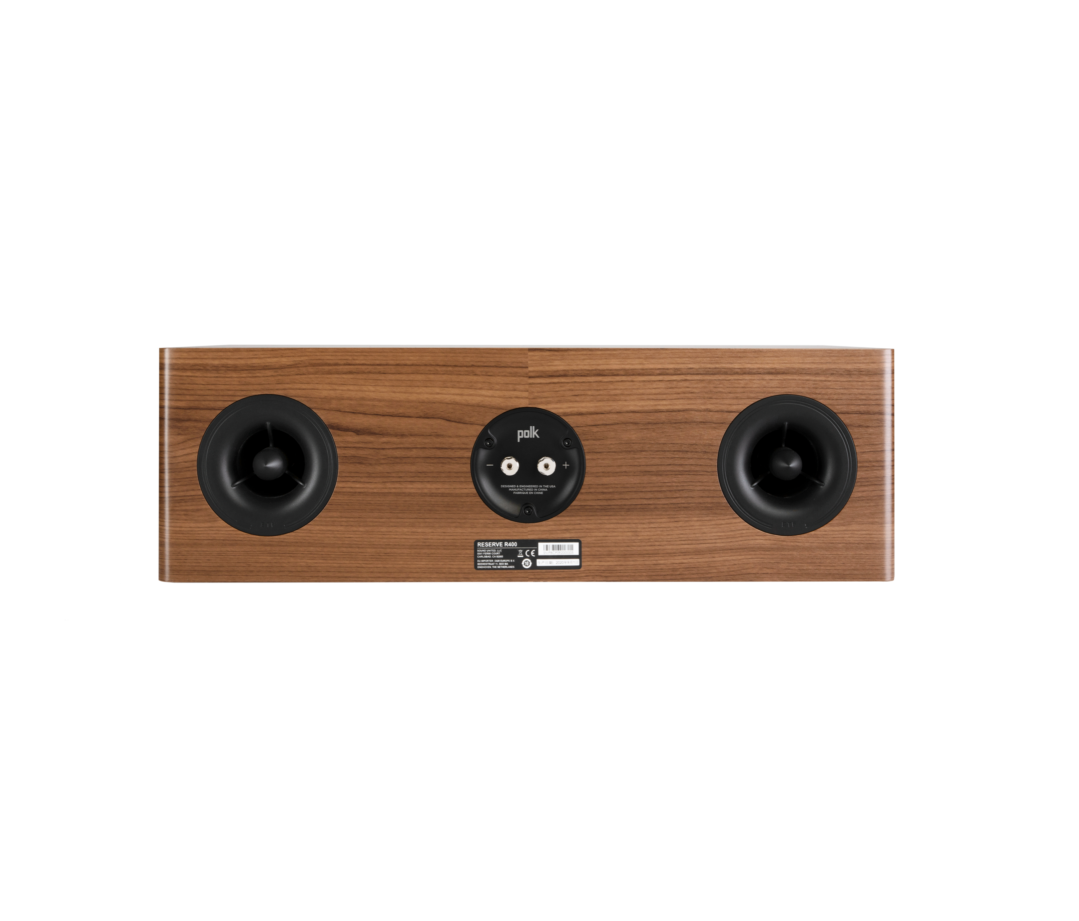 Polk Audio Reserve R400 Boxe Centru, vedere din spate, culoare maro, conectori și porturi vizibile.