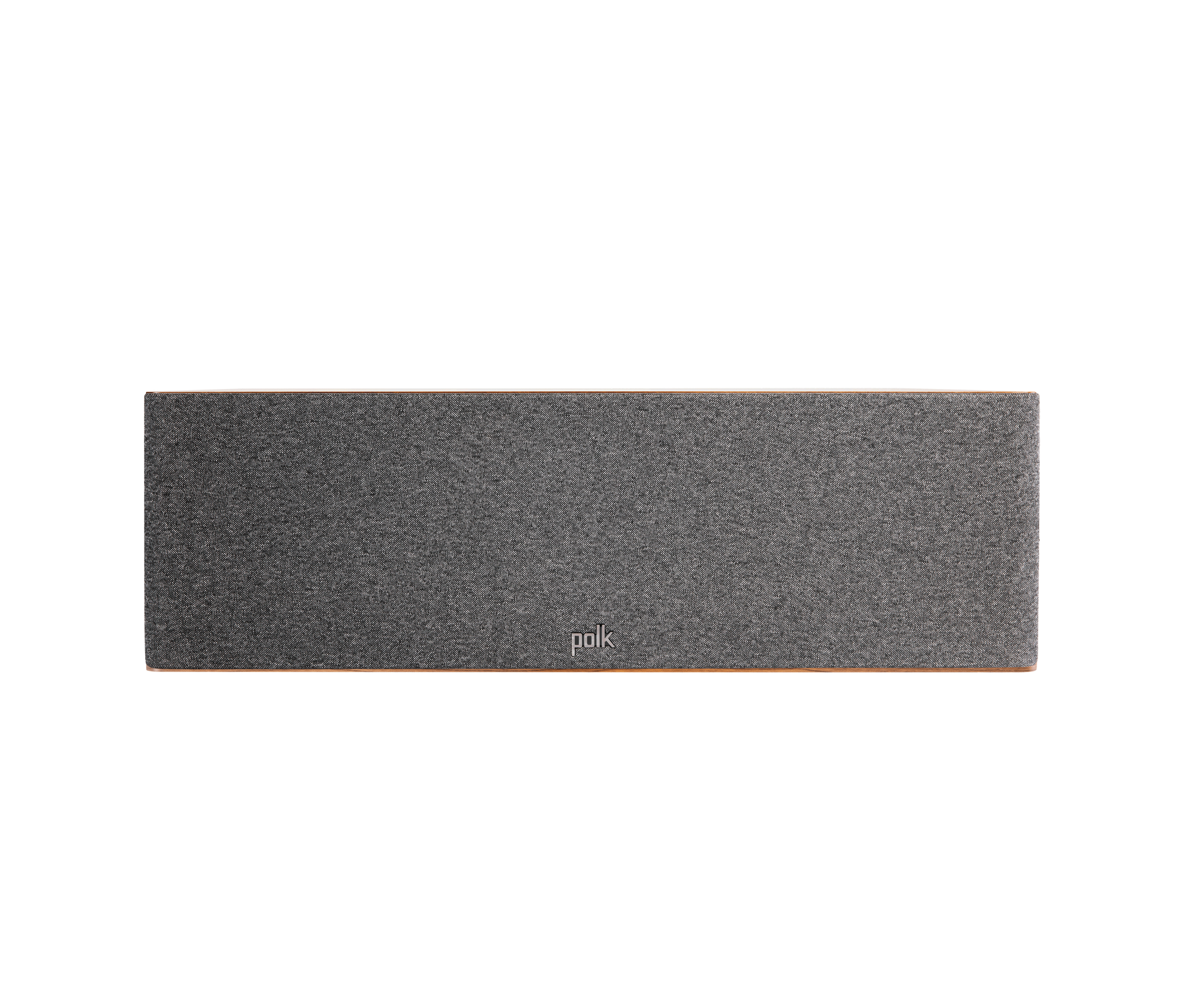 Boxa centru Polk Audio Reserve R400, vedere frontală cu grilaj gri. Culoare maro vizibilă pe margini.