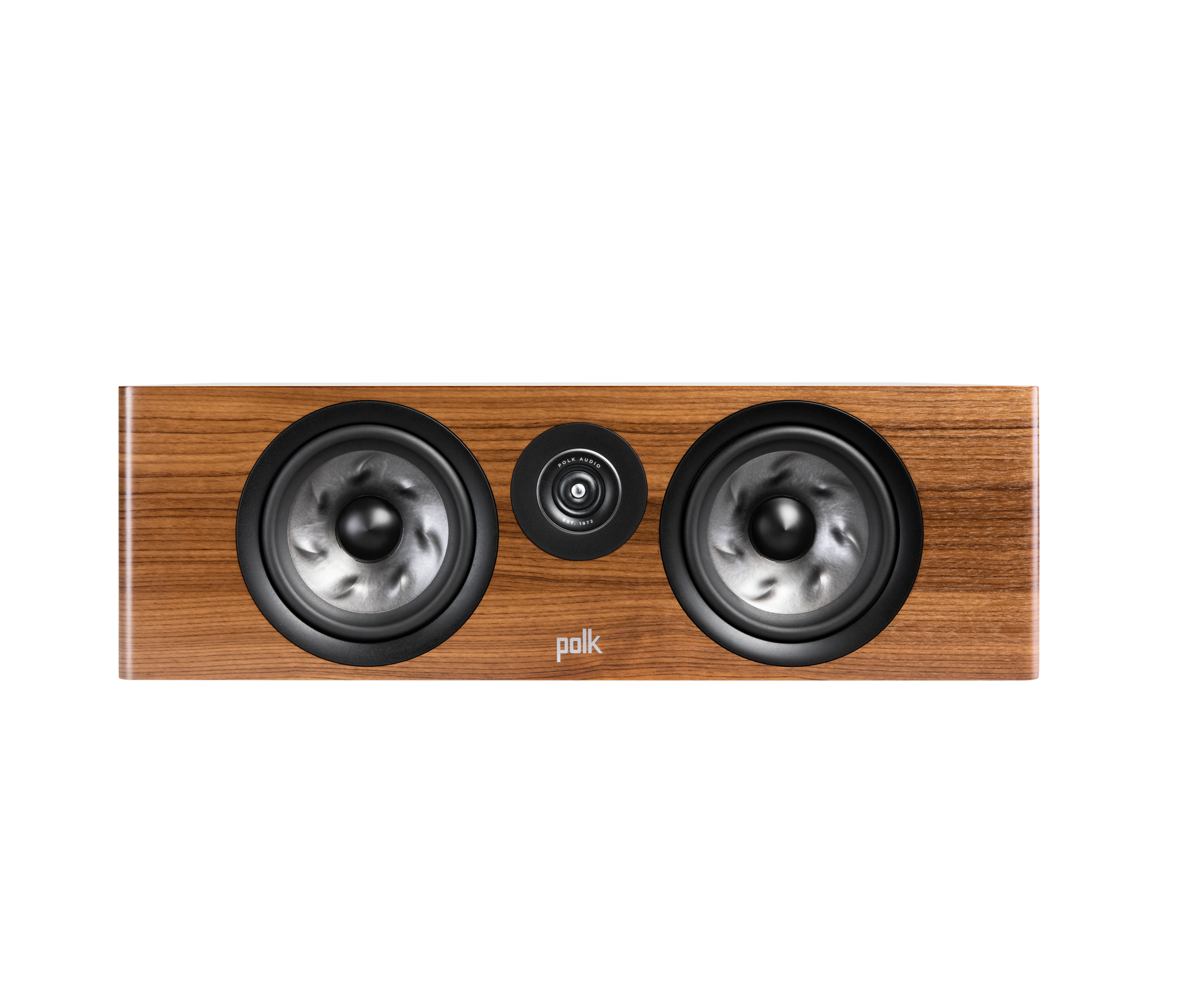 Polk Audio Reserve R400 Boxe Centru, vedere frontală, culoare maro, fără grilaj, două difuzoare mari.