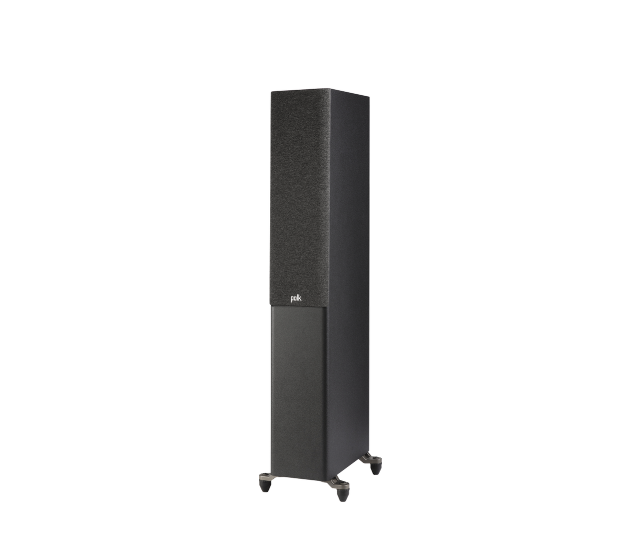 Polk Audio Reserve R500 boxă de podea neagră, vedere din stânga cu grilaj frontal, pe suport stabil.