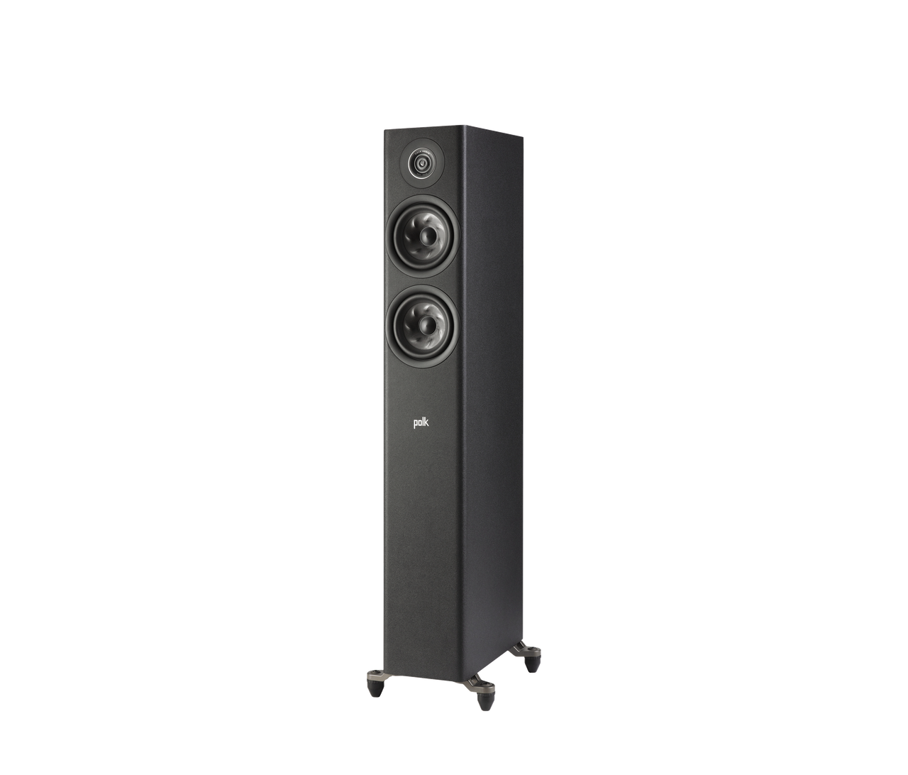 Polk Audio Reserve R500 boxă de podea neagră, vedere din stânga, două difuzoare vizibile, suport stabil.