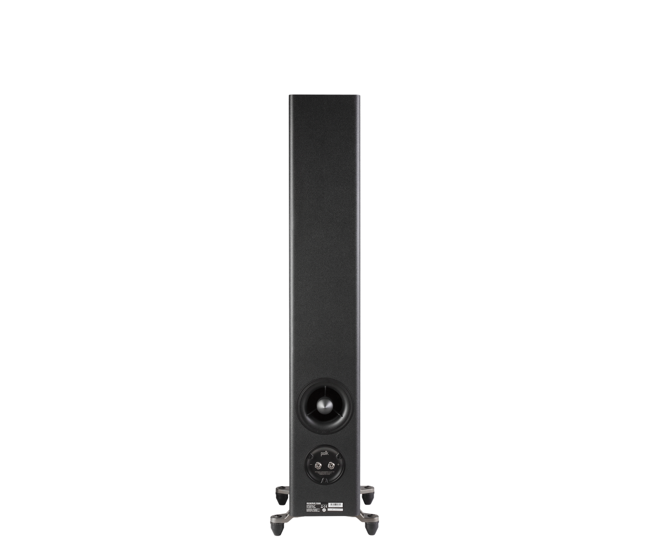 Polk Audio Reserve R500, vedere din spate, culoare neagră, conexiuni și port bass vizibile. Boxe podea.