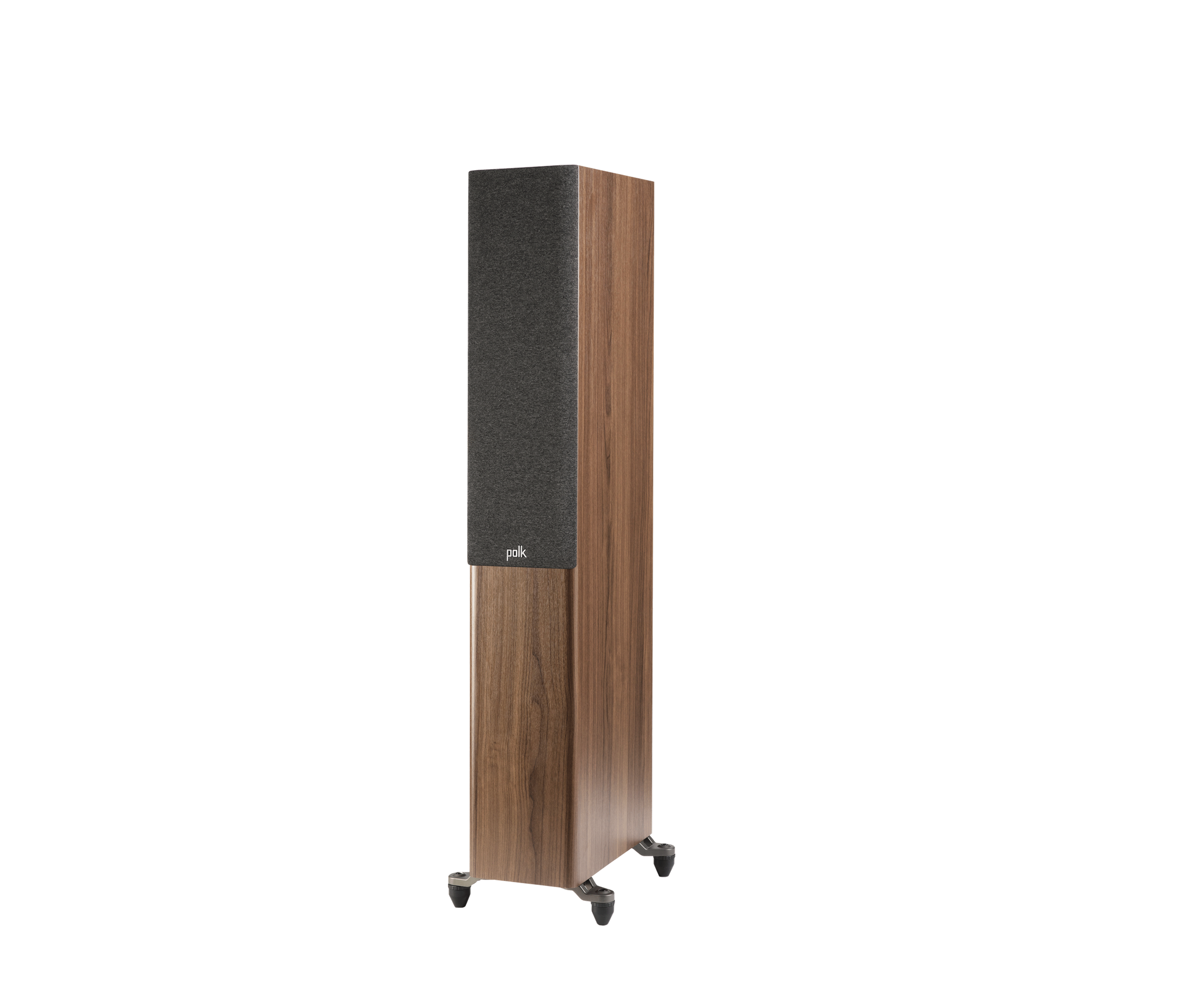 Boxă de podea Polk Audio Reserve R500, maro, vedere din stânga cu grilaj frontal, pe suporturi.