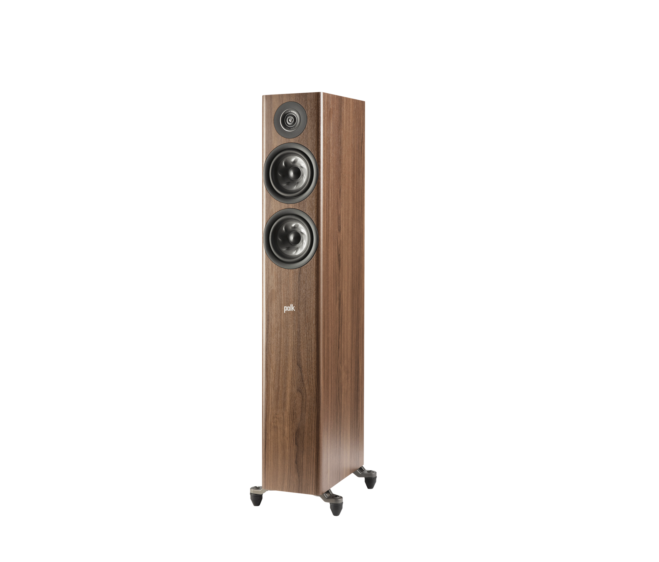 Boxă de podea Polk Audio Reserve R500, maro, vedere din stânga. Două difuzoare și un tweeter vizibile.