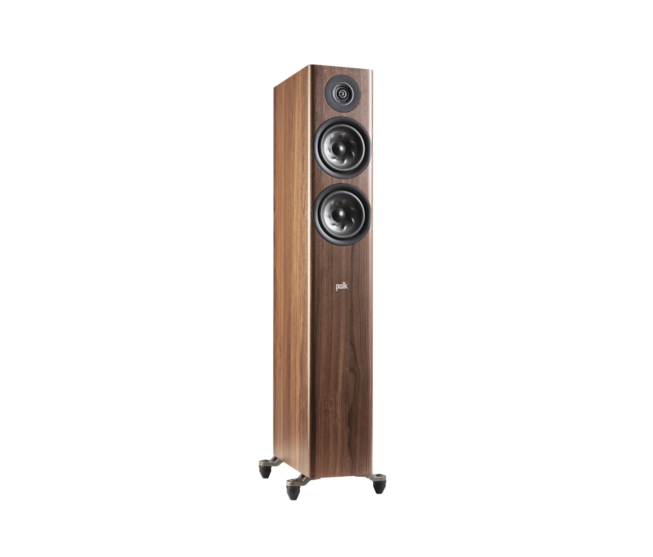 Boxă de podea Polk Audio Reserve R500, maro, vedere din dreapta. Include două difuzoare și un tweeter.