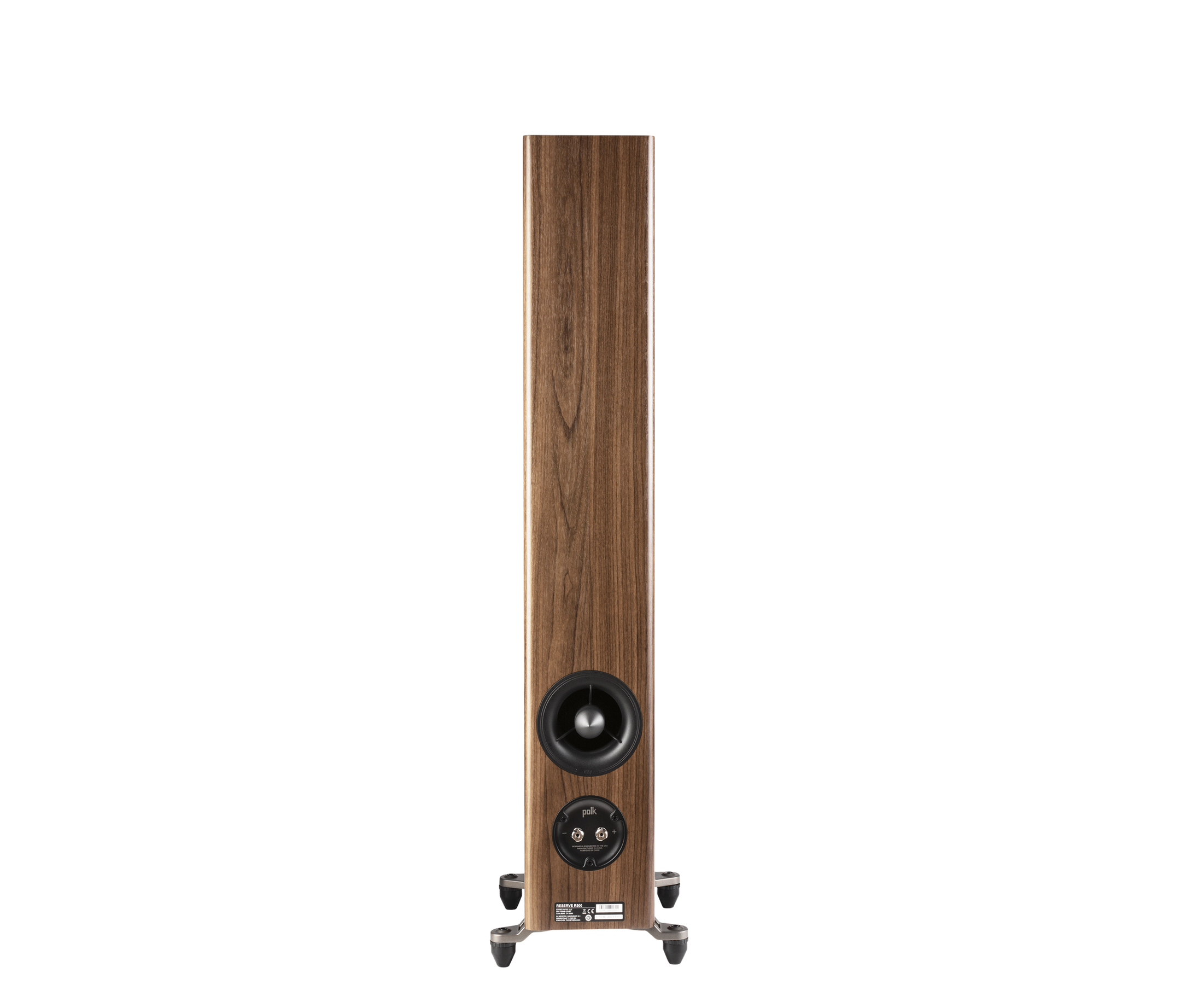 Polk Audio Reserve R500, vedere din spate, culoare maro, terminale de conectare și port bass reflex.
