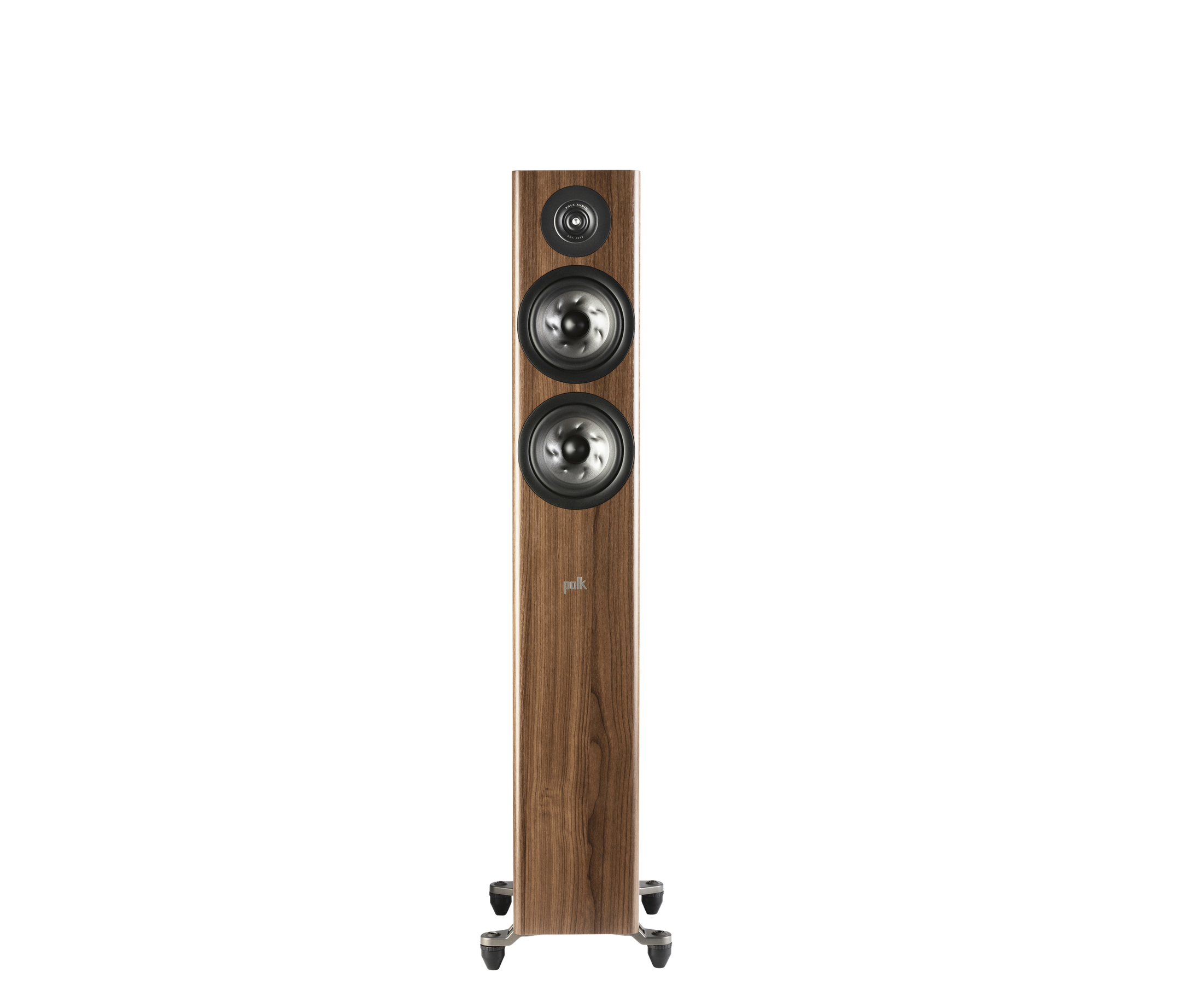 Polk Audio Reserve R500, vedere frontală, culoare maro, două difuzoare mari și un tweeter vizibile.