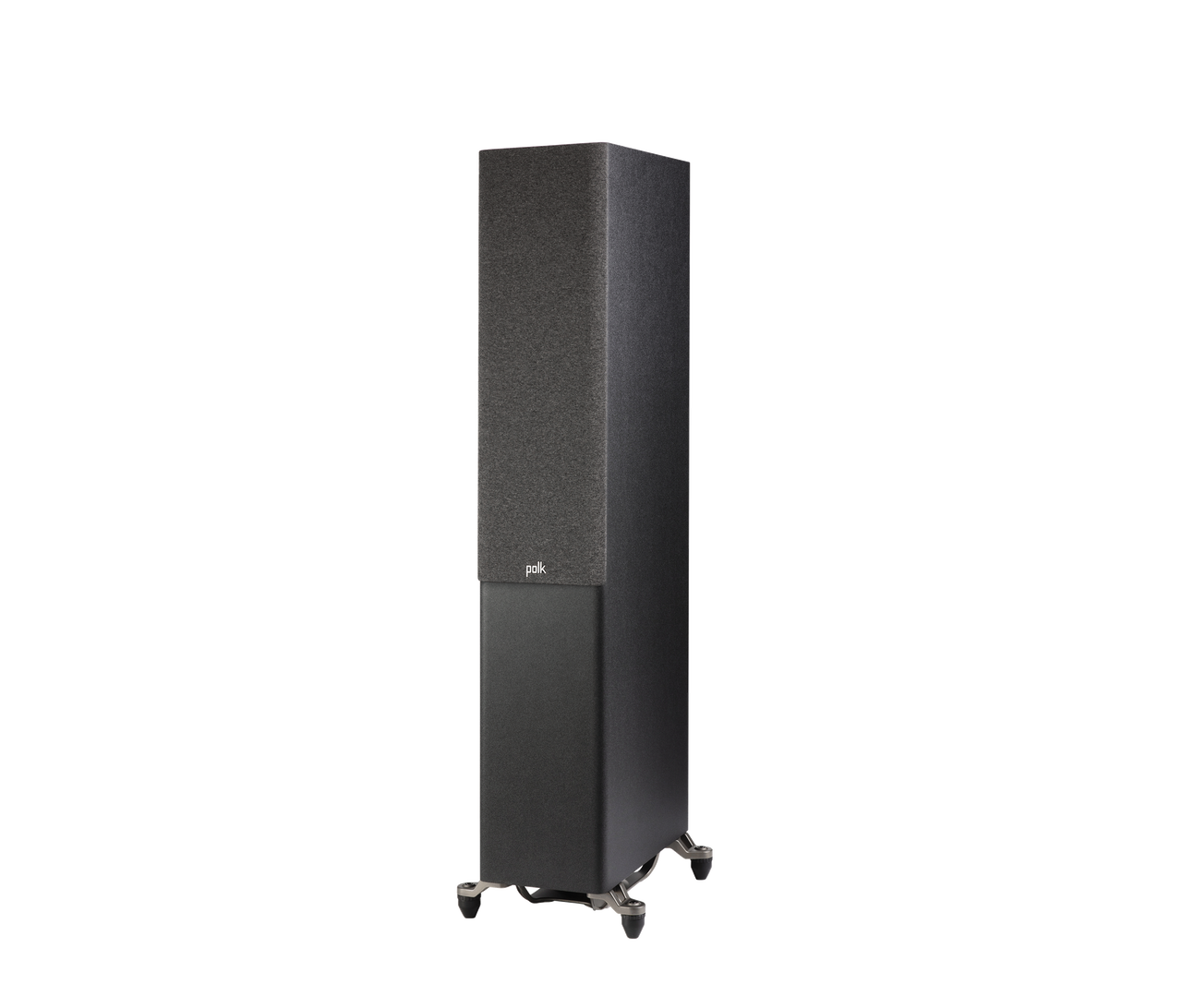 Polk Audio Reserve R600 Boxe de podea, negru, vedere din stânga cu grilaj, pe suport metalic.
