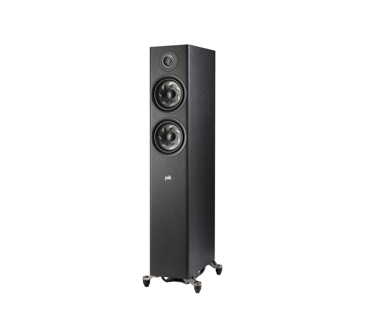 Boxa de podea Polk Audio Reserve R600, negru, vedere din stânga, cu două woofere și un tweeter.