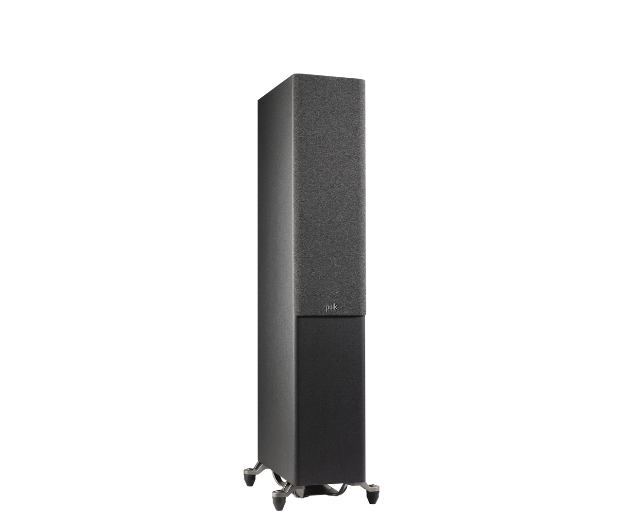 Polk Audio Reserve R600 Boxe de podea, negru, vedere din dreapta cu grilaj, suporturi metalice vizibile.