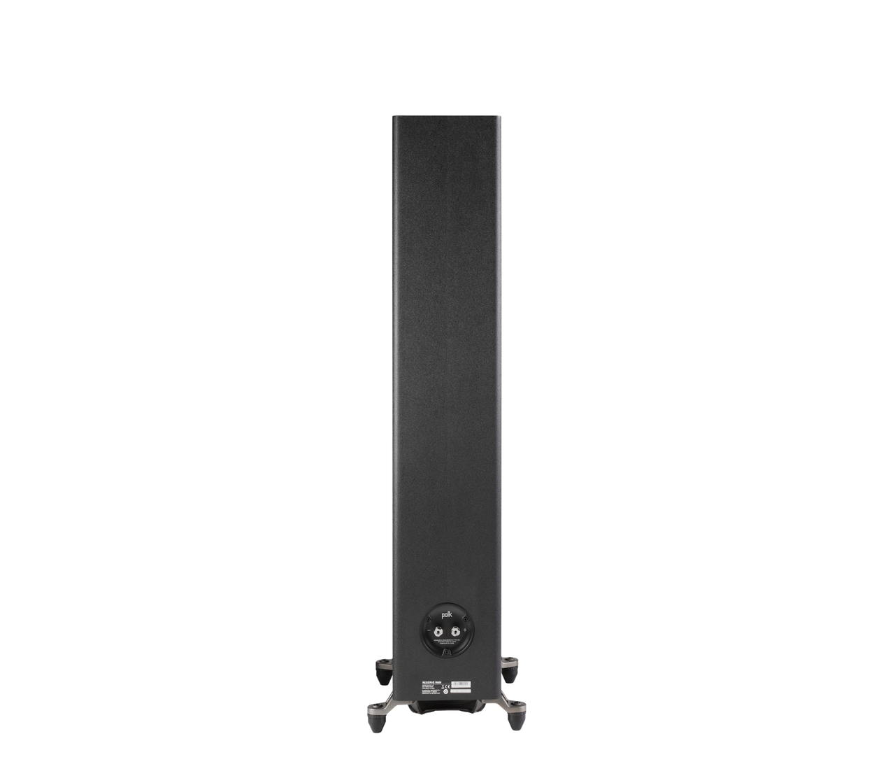 Polk Audio Reserve R600, vedere din spate, negru. Conectori de intrare și ieșire vizibili.