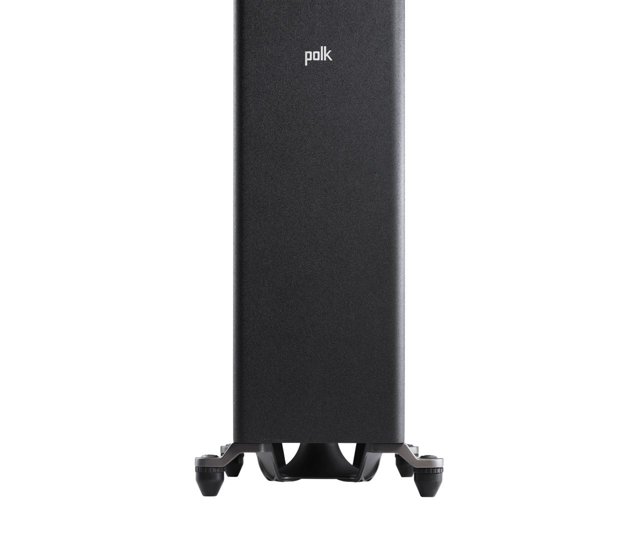 Polk Audio Reserve R600 Boxe de podea, close-up negru, bază stabilă și logo vizibil pe partea frontală.