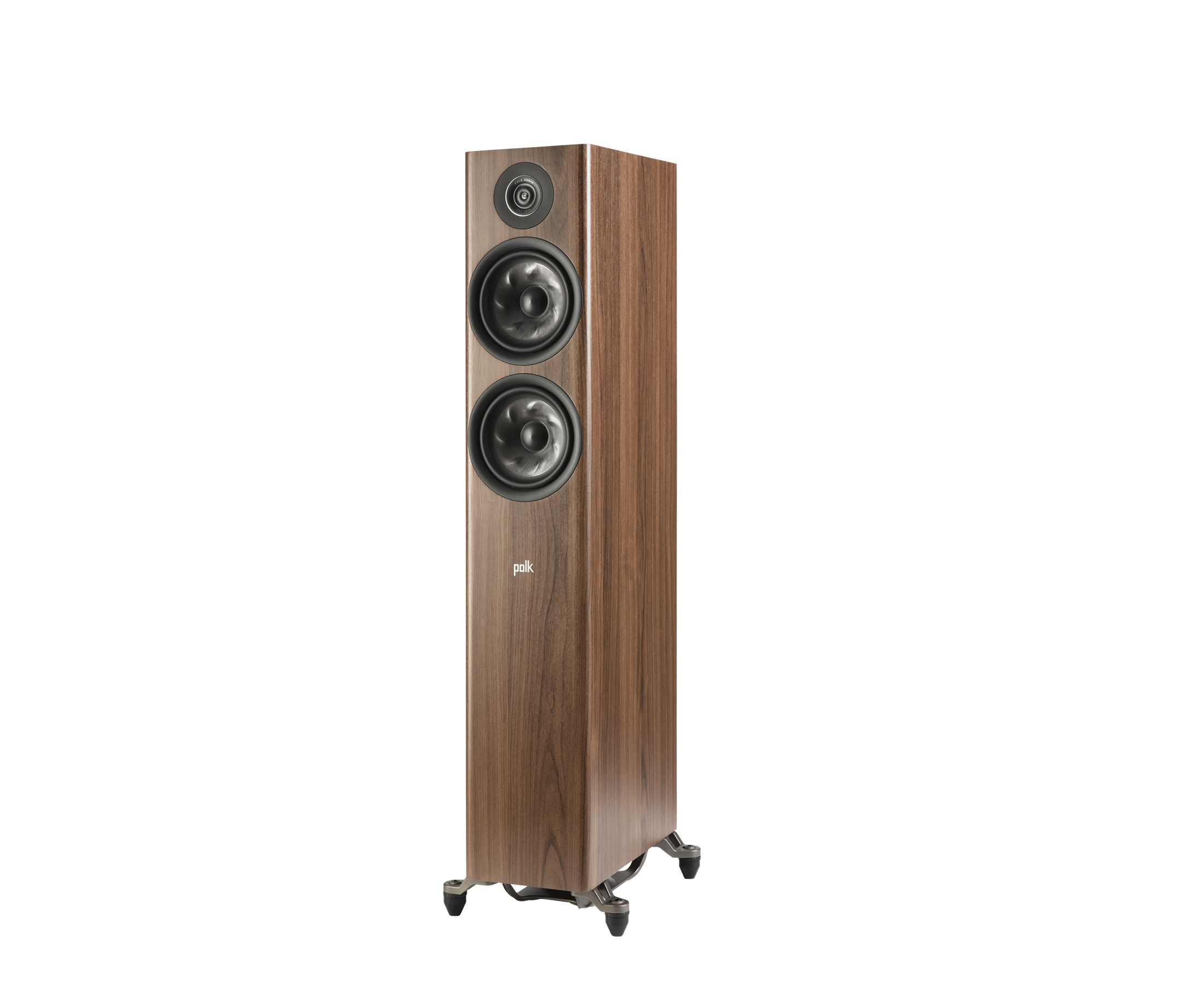 Boxa de podea Polk Audio Reserve R600, vedere din stânga, culoare maro, cu două difuzoare mari și un tweeter.