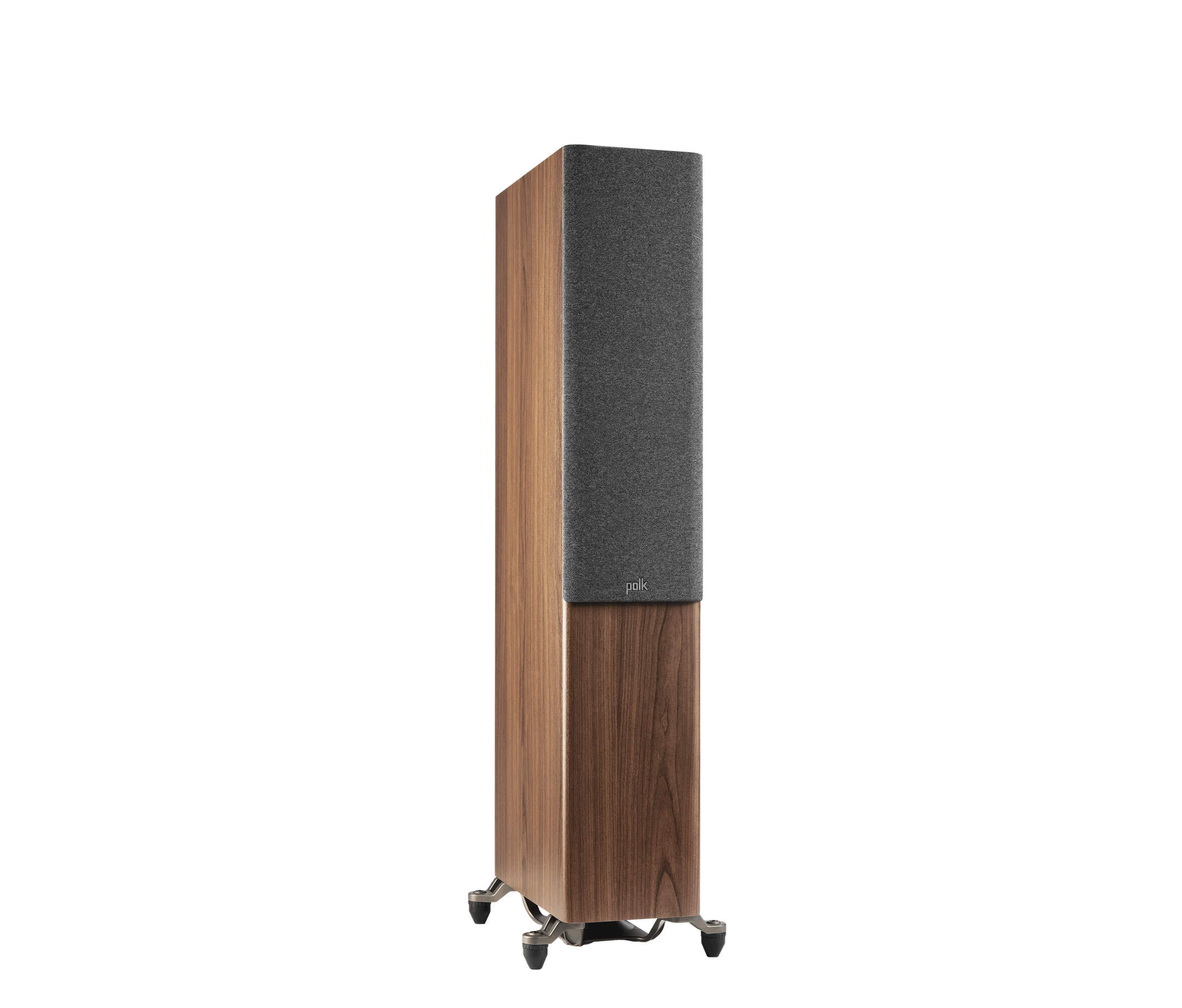 Boxa de podea Polk Audio Reserve R600, maro, unghi dreapta, grilaj frontal vizibil, finisaj lemn.