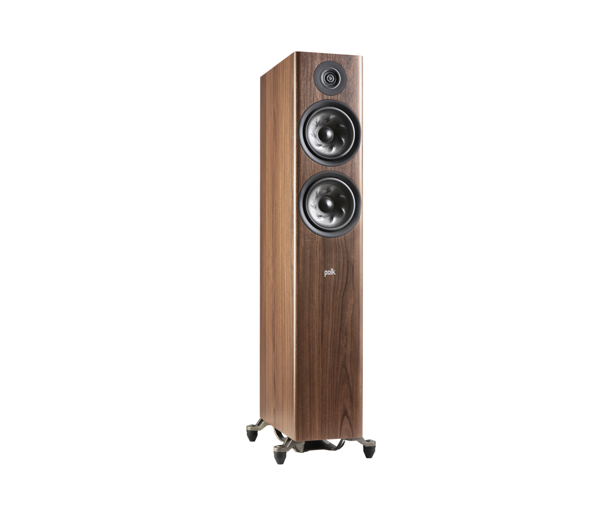 Polk Audio Reserve R600, maro, vedere din dreapta. Prezintă două woofere și un tweeter frontal.