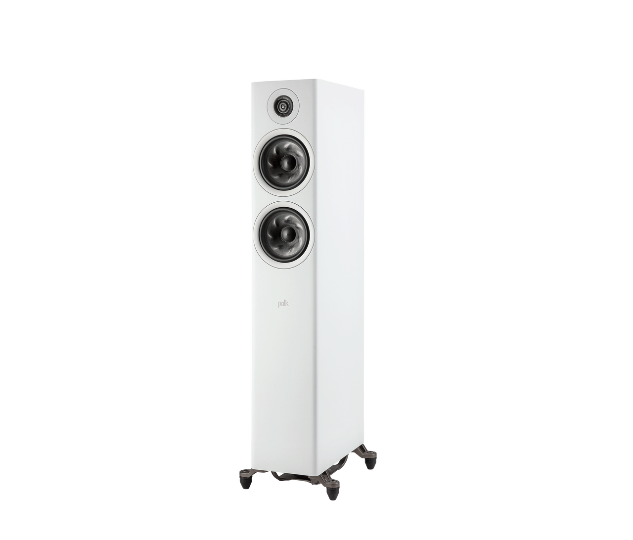 Boxă de podea albă Polk Audio Reserve R600, vedere din stânga, cu două difuzoare și un tweeter vizibile.