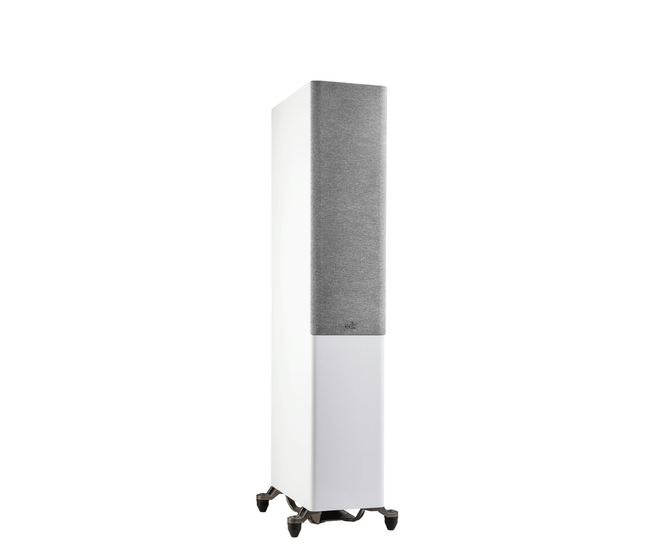 Polk Audio Reserve R600 Boxă de podea albă, vedere din dreapta cu grilaj gri, suporturi metalice vizibile.