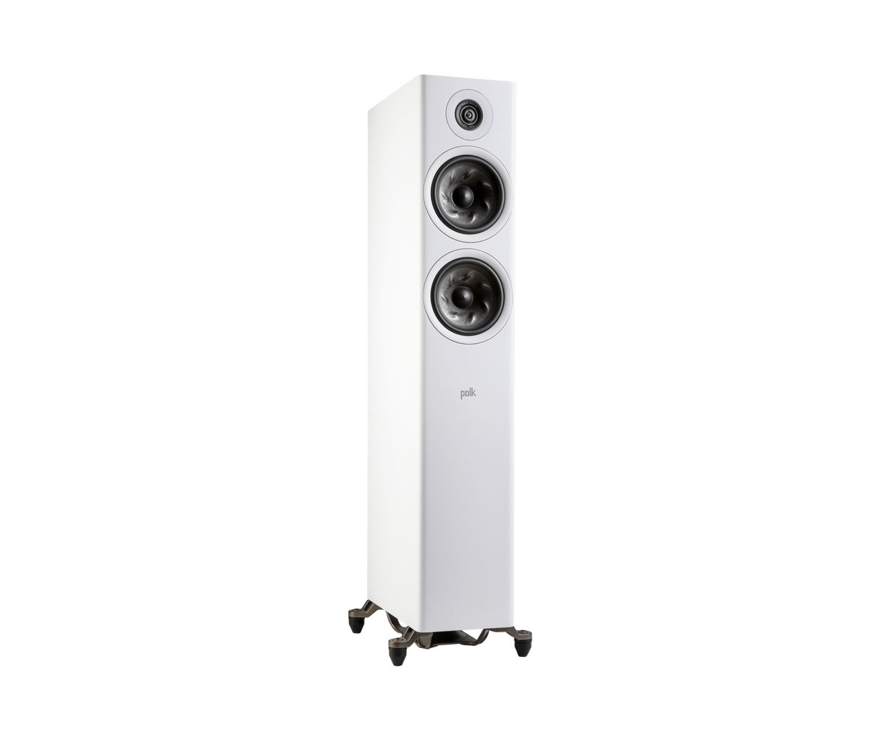 Polk Audio Reserve R600 Boxe de podea, alb, vedere din dreapta. Prezintă două woofere și un tweeter.