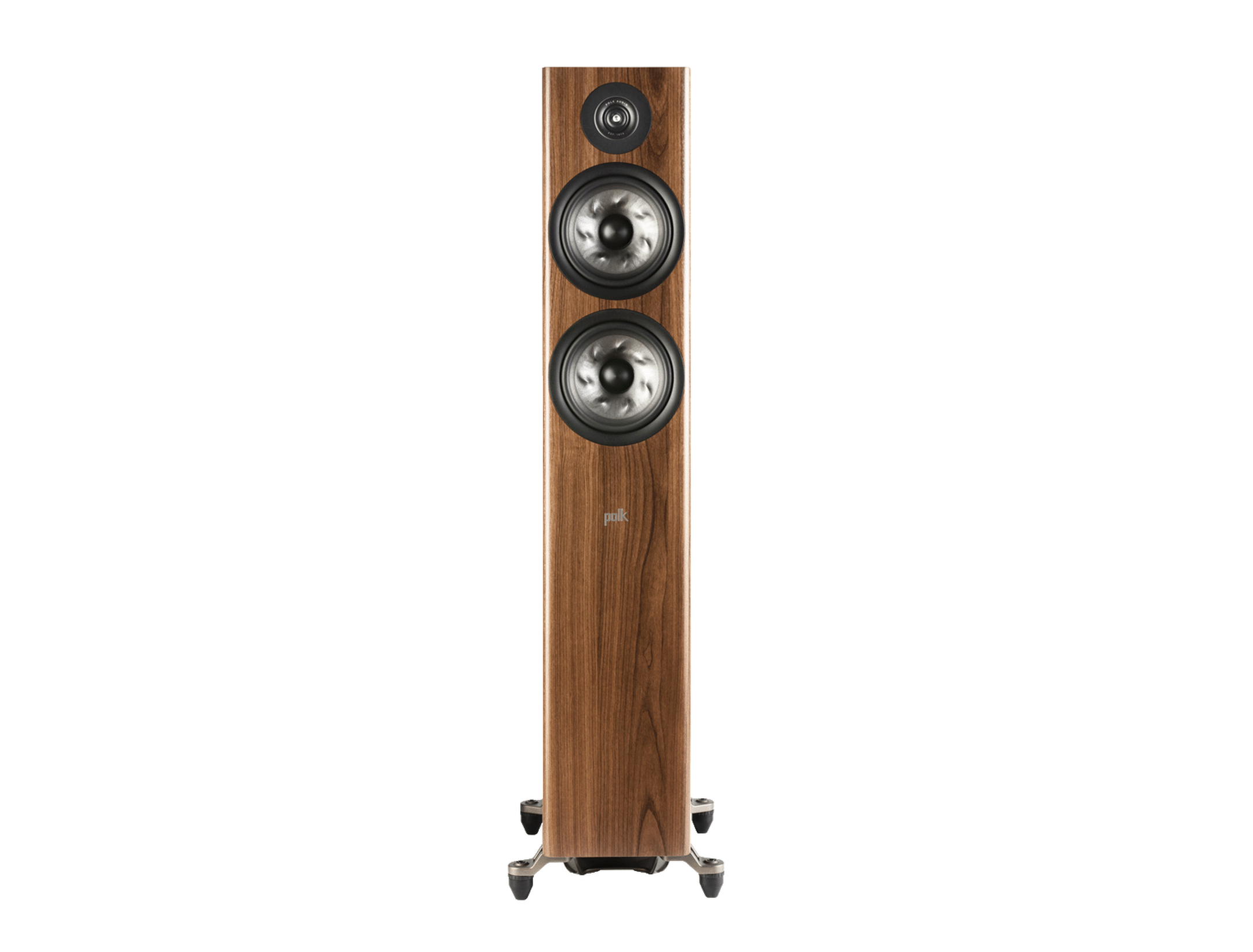 Boxa de podea Polk Audio Reserve R600, vedere frontală, finisaj lemn, două woofere și un tweeter vizibile.