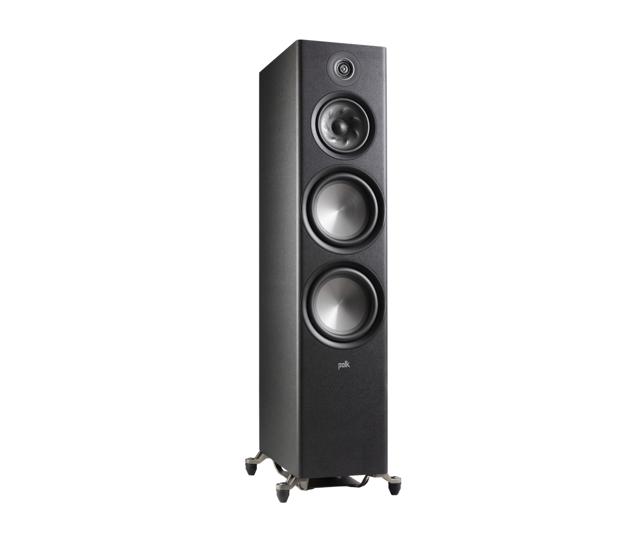 Polk Audio Reserve R700, boxă de podea neagră, unghi dreapta. Vizibile: tweeter, două woofere mari.#color_black
