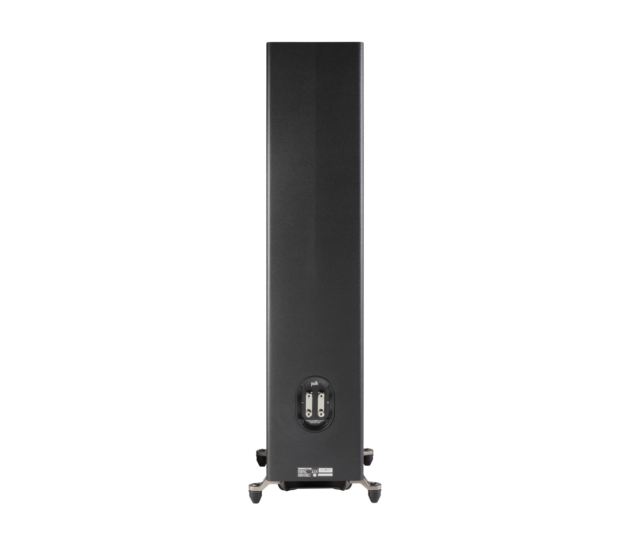 Spatele boxei Polk Audio Reserve R700, negru, cu conectori bi-wire și etichete tehnice vizibile.