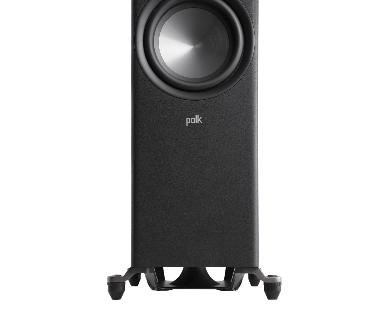 Polk Audio Reserve R700 Boxe de podea, negru, close-up difuzor frontal și suport stabil.