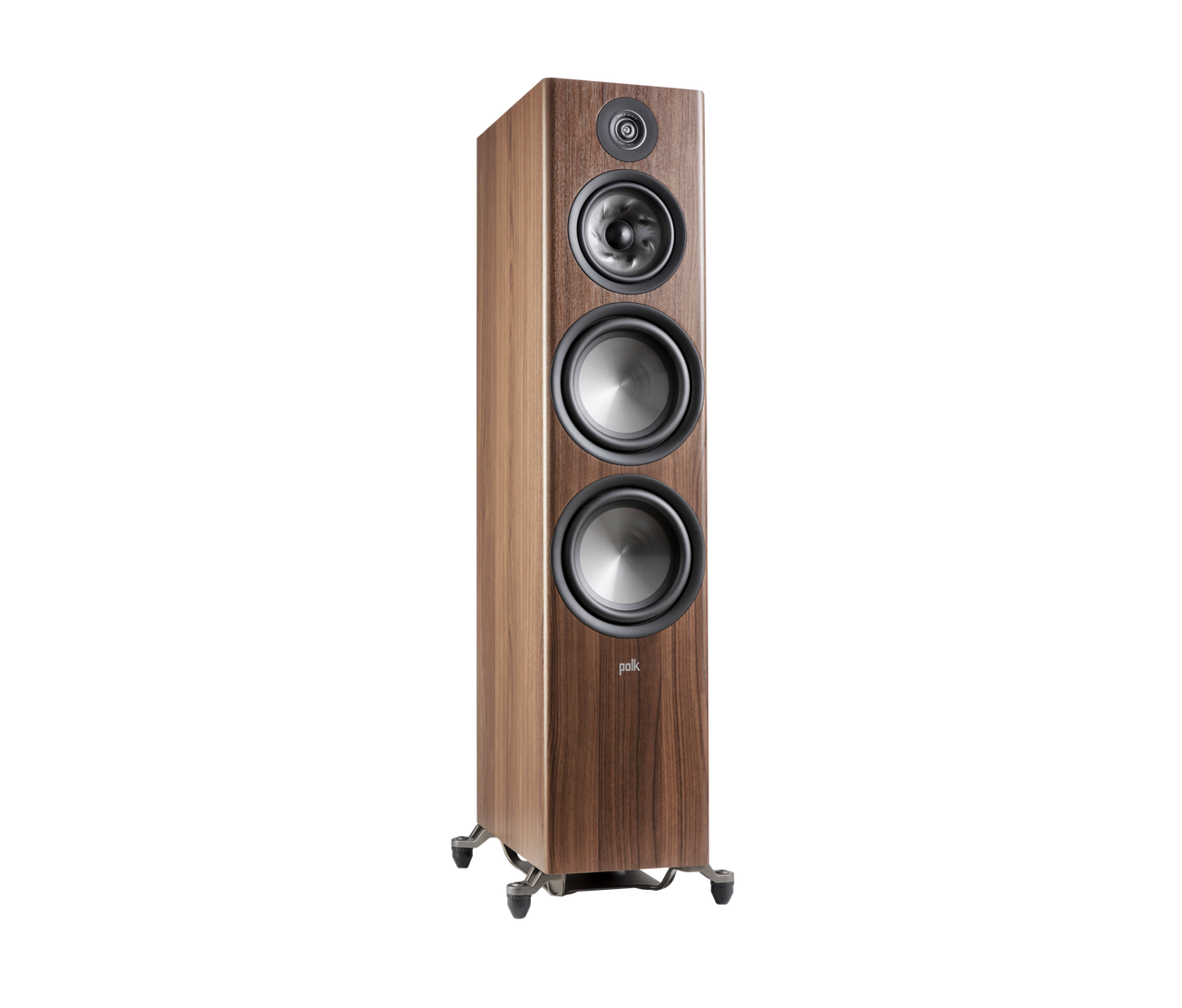 Boxa de podea Polk Audio Reserve R700, culoare maro, vedere din unghi dreapta, cu trei difuzoare vizibile.