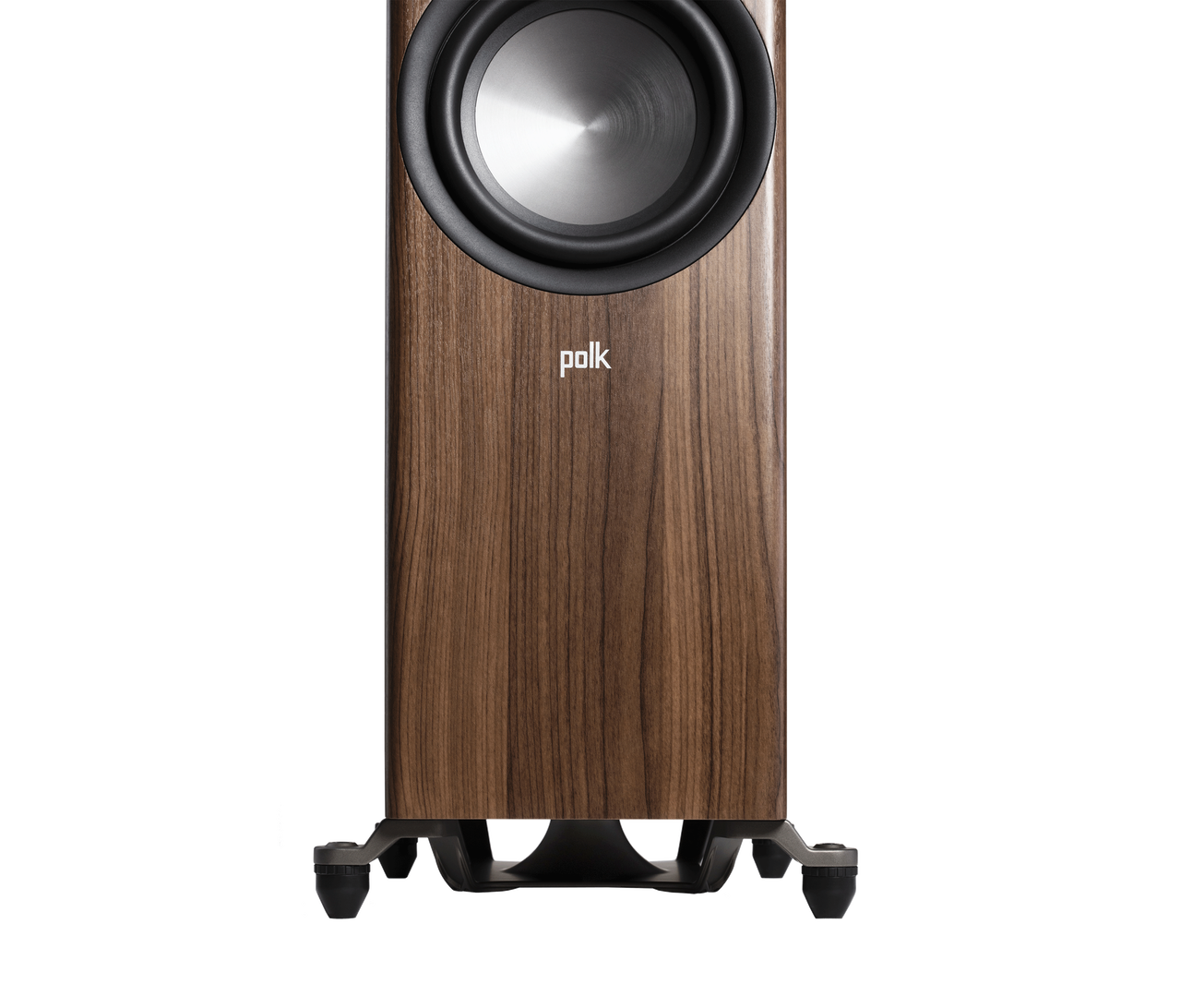 Polk Audio Reserve R700 Boxe de podea, close-up maro, detaliu difuzor frontal și suport stabil.