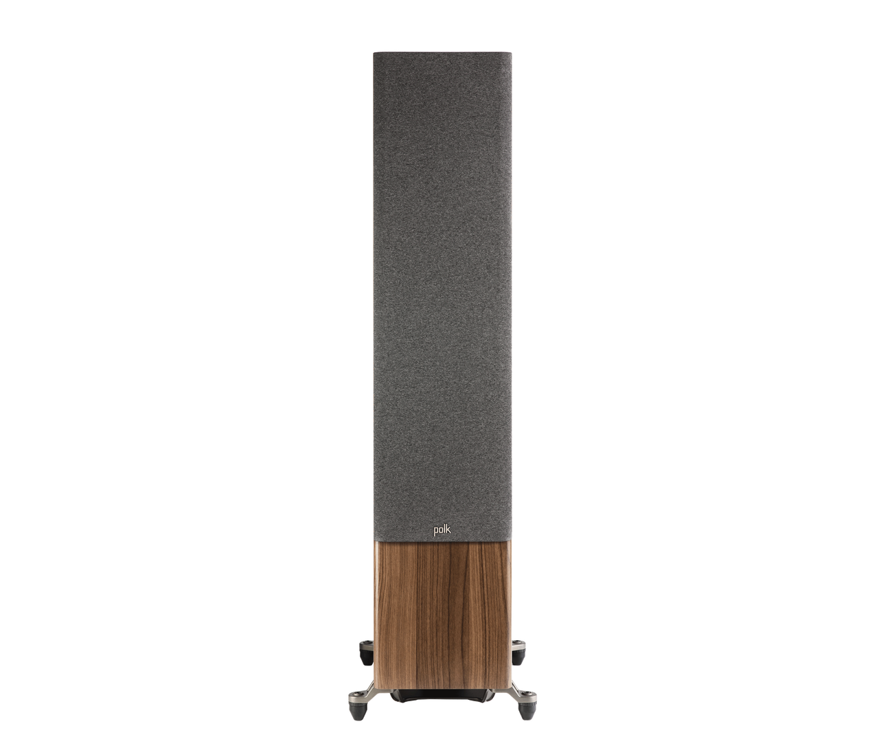 Polk Audio Reserve R700, vedere frontală cu grilaj gri și finisaj maro. Boxă de podea pentru home theater.