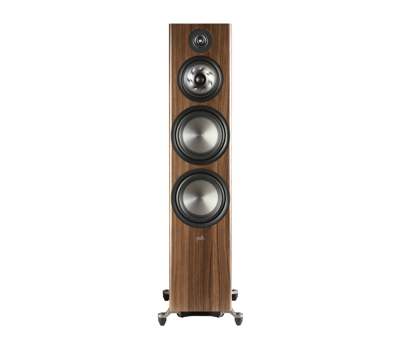 Boxă de podea Polk Audio Reserve R700, vedere frontală, culoare maro, cu trei difuzoare vizibile.