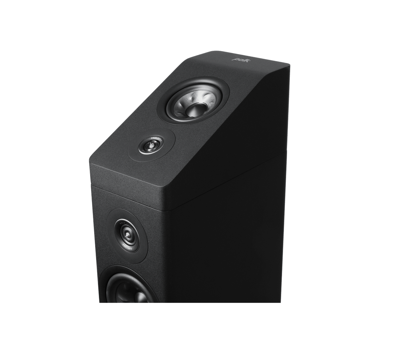 Polk Audio Reserve R900HT Boxe Dolby Atmos, negru, vedere de sus. Prezintă difuzoare înclinate pentru sunet surround.