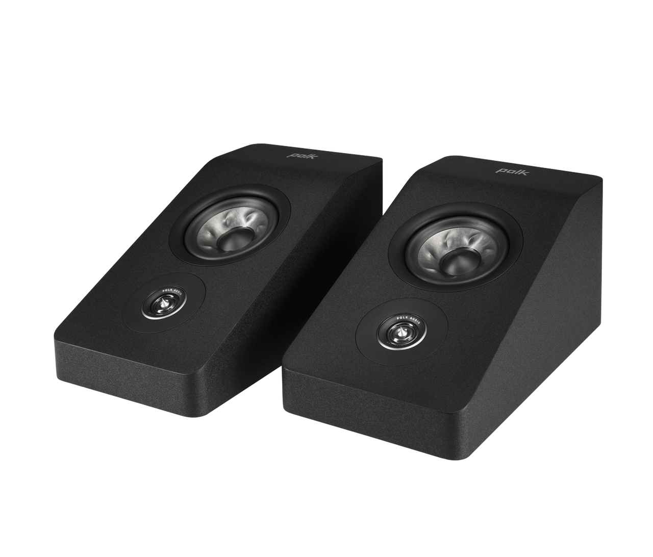 Polk Audio Reserve R900HT Boxe Dolby Atmos negre, vedere pereche unghi stânga, difuzoare vizibile.#color_black