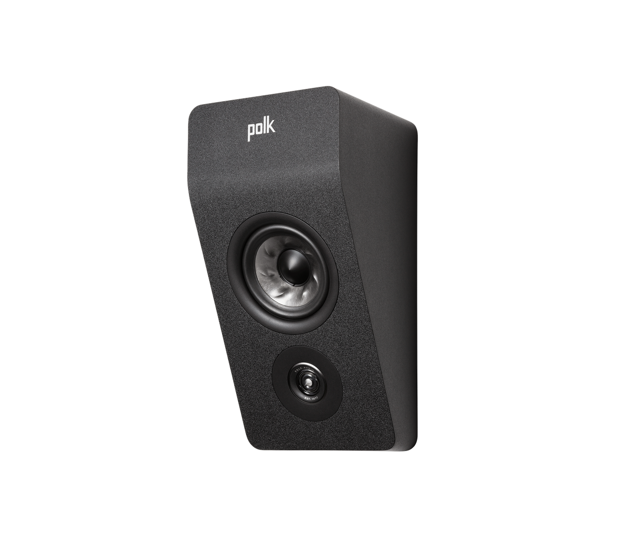 Boxa Polk Audio Reserve R900HT, neagră, vedere din unghi stânga sus, difuzor și tweeter vizibile.