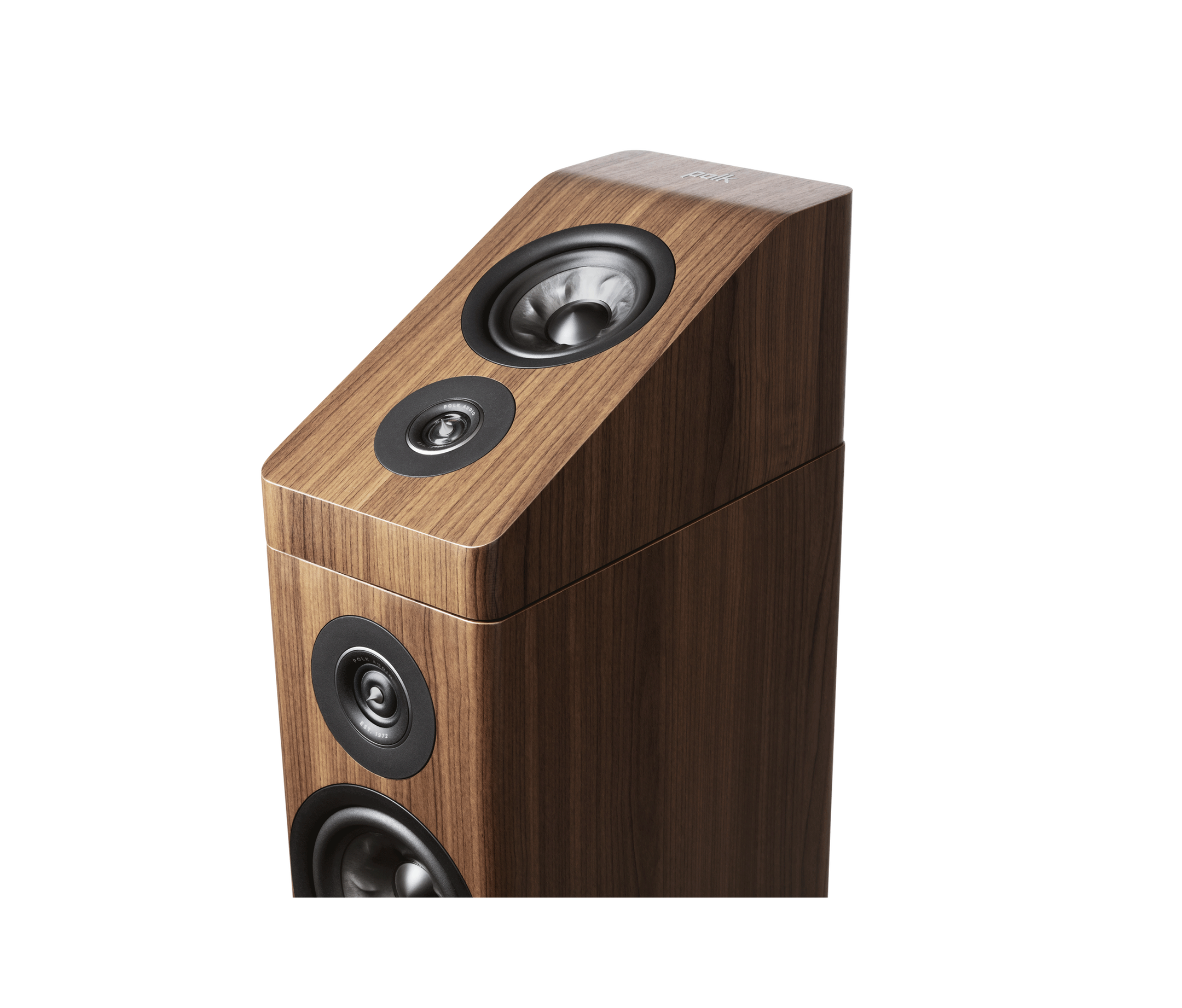 Boxa Polk Audio Reserve R900HT, culoare maro, vedere de sus, evidențiind difuzoarele Dolby Atmos.