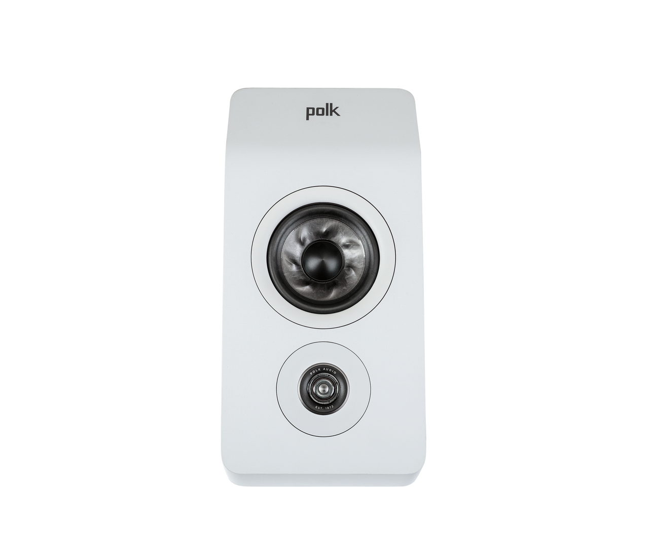 Boxa albă Polk Audio Reserve R900HT, vedere frontală, cu difuzor și tweeter vizibile pentru sunet Dolby Atmos.