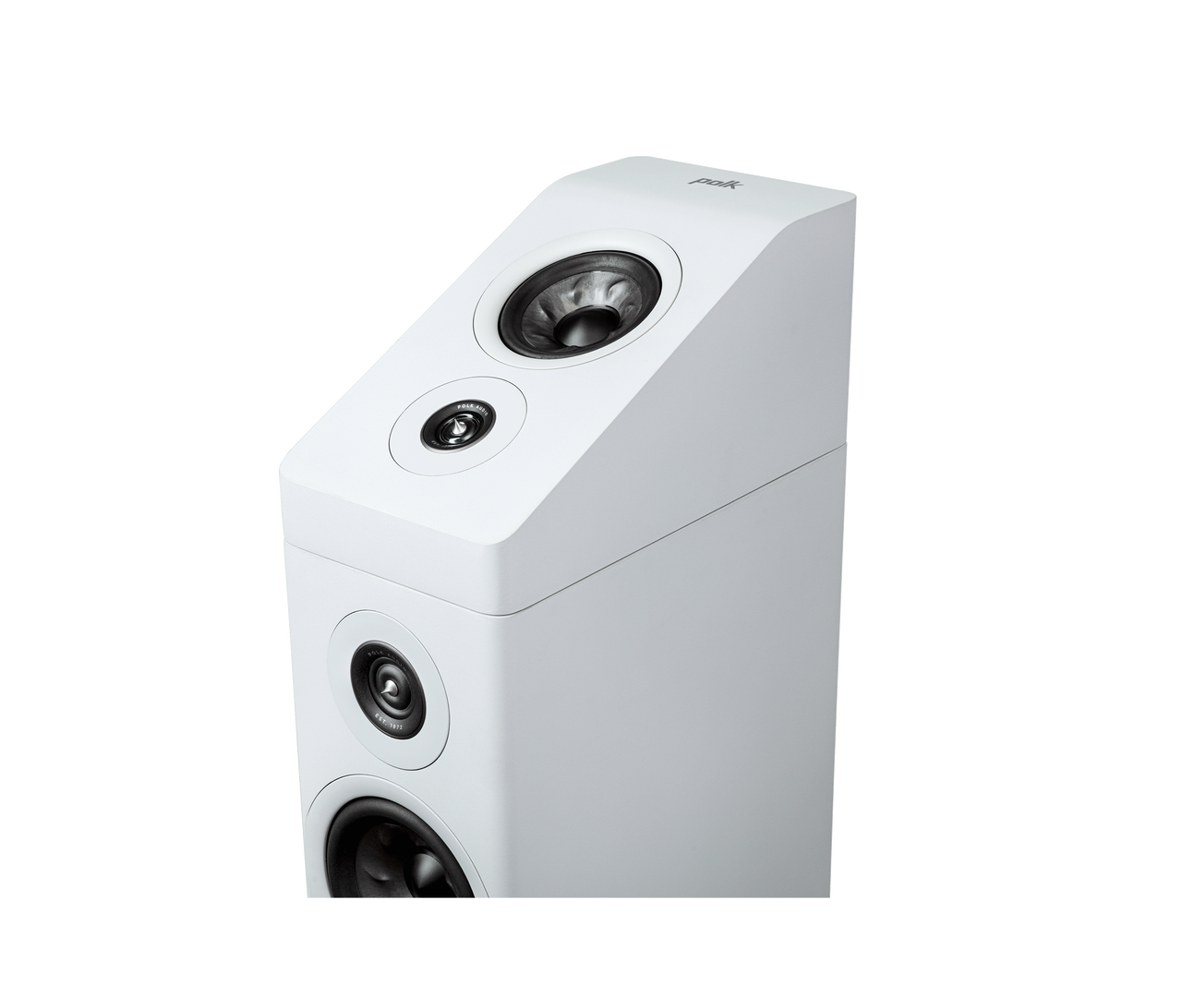 Polk Audio Reserve R900HT Boxe Dolby Atmos, alb, vedere de sus. Difuzor și tweeter vizibile.