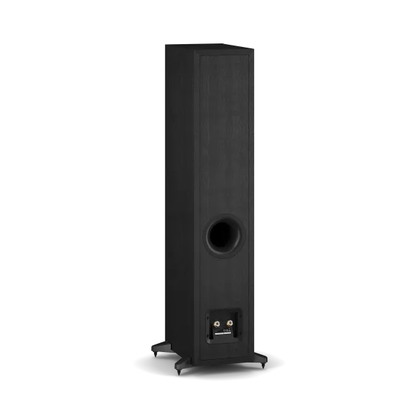 Boxă de podea Dali Sonik 5 negru frasin, vedere spate cu port bass reflex și conectori audio.