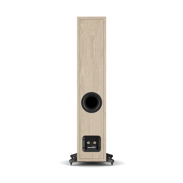 Boxă de podea Dali Sonik 5 culoare stejar natural, vedere spate cu port bass reflex și conectori audio.