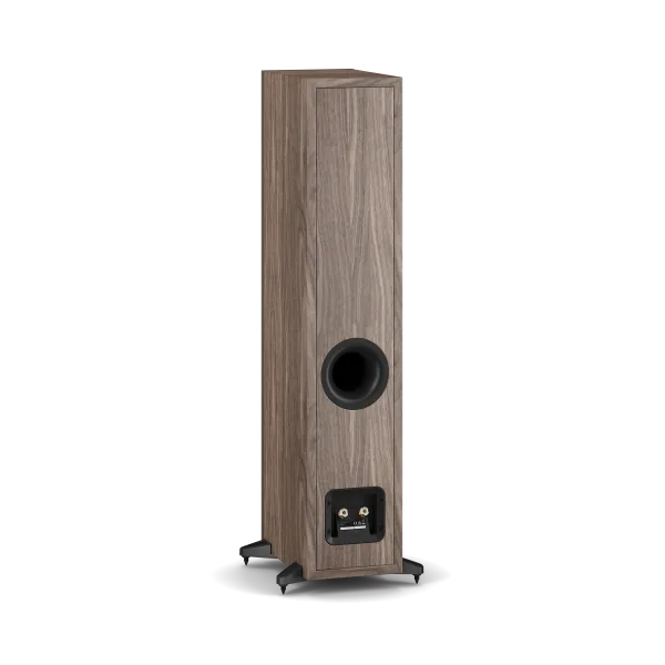 Boxă de podea Dali Sonik 5 culoare nuc, vedere spate cu port bass reflex și conectori audio.