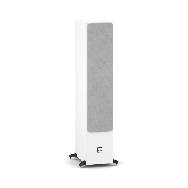 Boxă de podea Dali Sonik 9 albă cu grilă textilă gri, vedere frontală, logo Dali vizibil la bază.