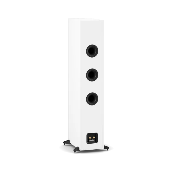 Boxă de podea Dali Sonik 9 albă, vedere spate, cu trei porturi bass reflex și conectori audio.