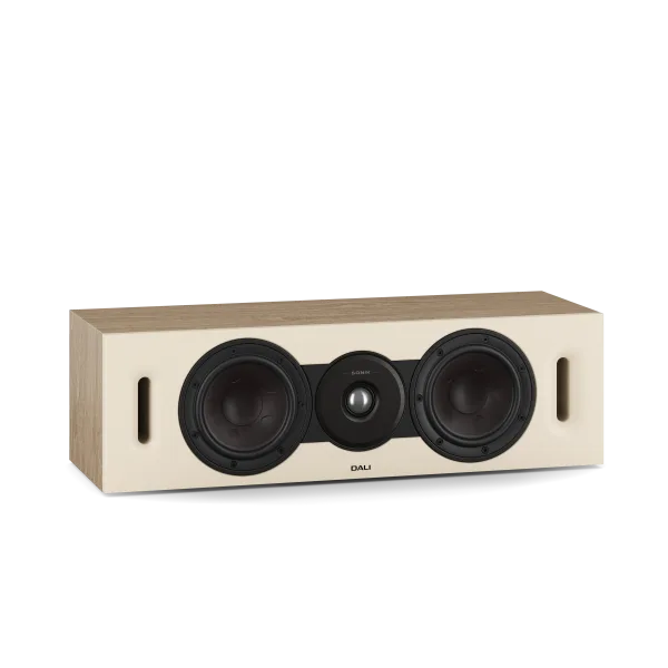 Boxă centru Dali Sonik Cinema Natural Oak, vedere frontală, 2 woofere, tweeter central, porturi față