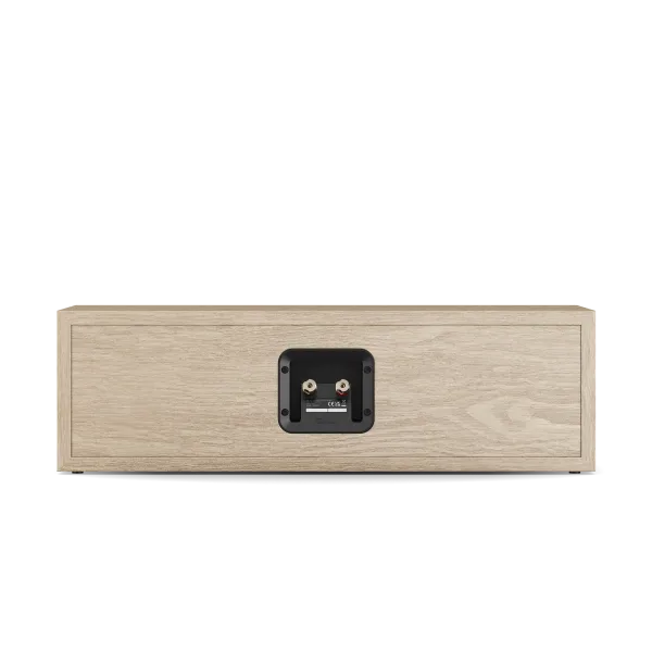 Dali Sonik Cinema boxă centru Natural Oak, vedere spate, panou conexiuni cu borne speaker și etichetă CE