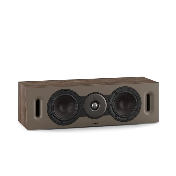 Boxă centru Dali Sonik Cinema Boxa centru Walnut, vedere frontală, 2 woofere, tweeter, porturi bass-reflex laterale