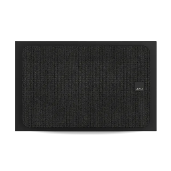 Dali Sonik ON-WALL boxă Black Ash, vedere frontală orizontală, grilă textilă montată, logo DALI